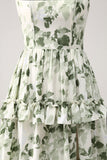 Green Floral Ruffles Tiered Ball Dress with Slit