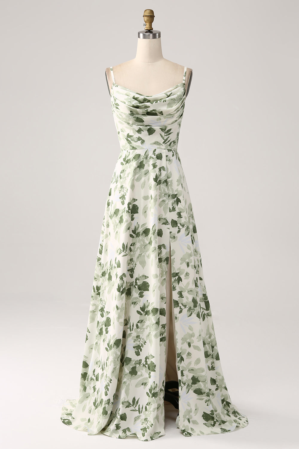 Cowl Neck Green Floral A Line Ball Dress with Slit