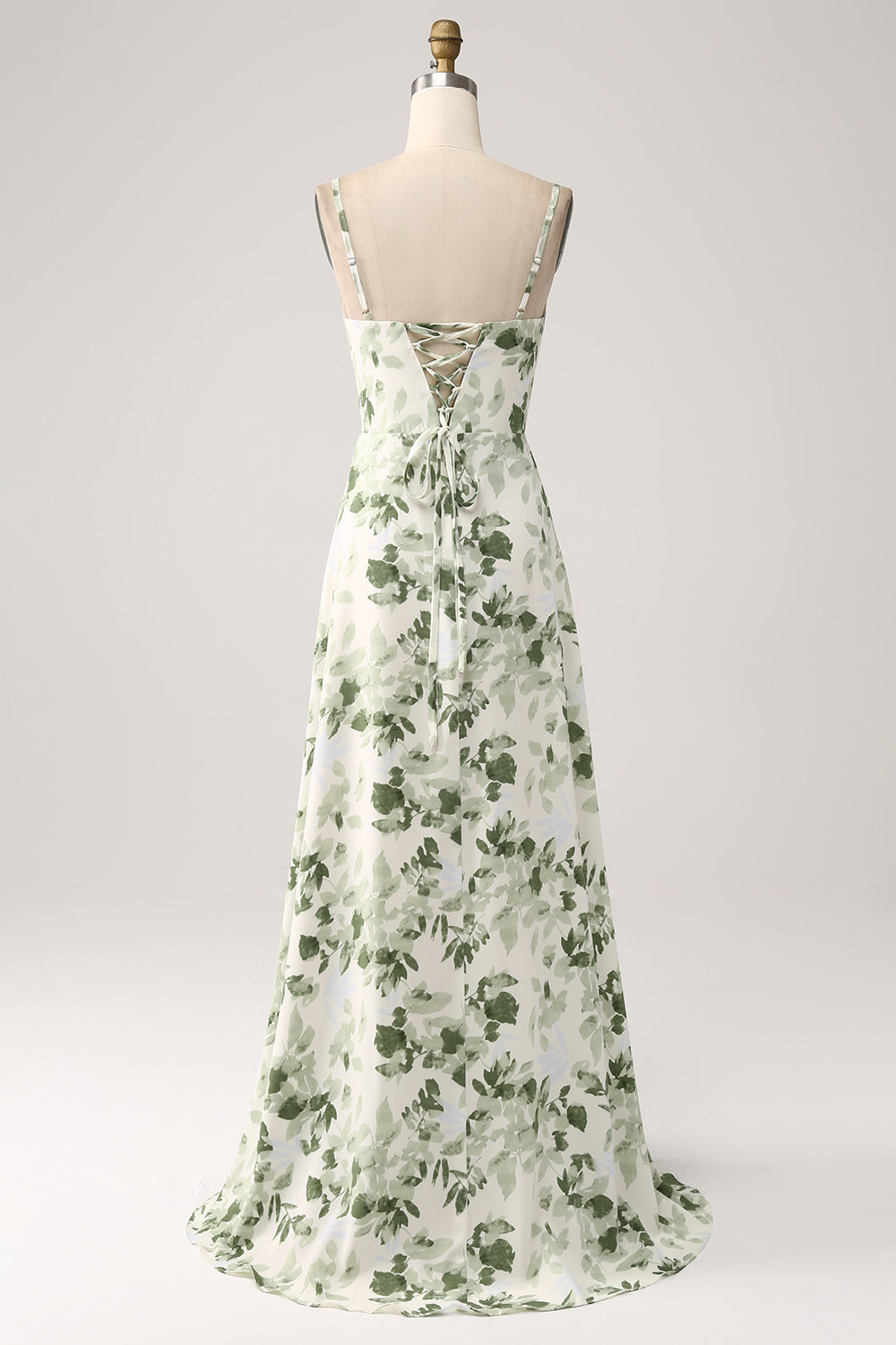 Cowl Neck Green Floral A Line Ball Dress with Slit