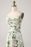 Cowl Neck Green Floral A Line Ball Dress with Slit
