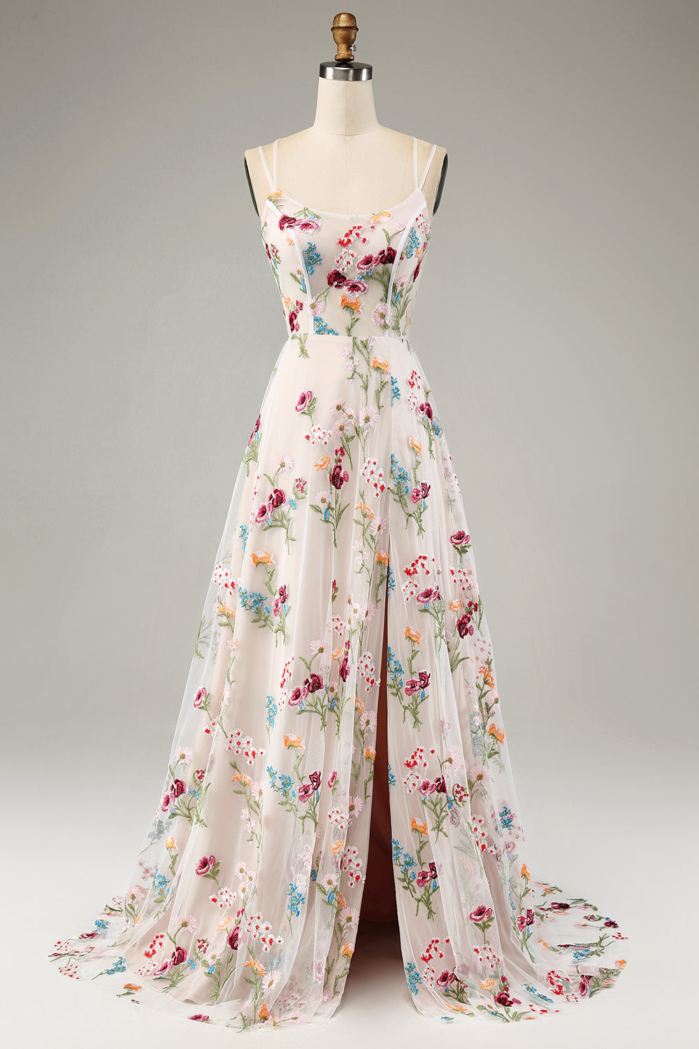 Ivory Flower A-Line Spaghetti Straps Corset Long Ball Dress With Slit