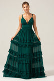 Dark Green A Line Spaghetti Straps Tiered Ball Dress with Pleats