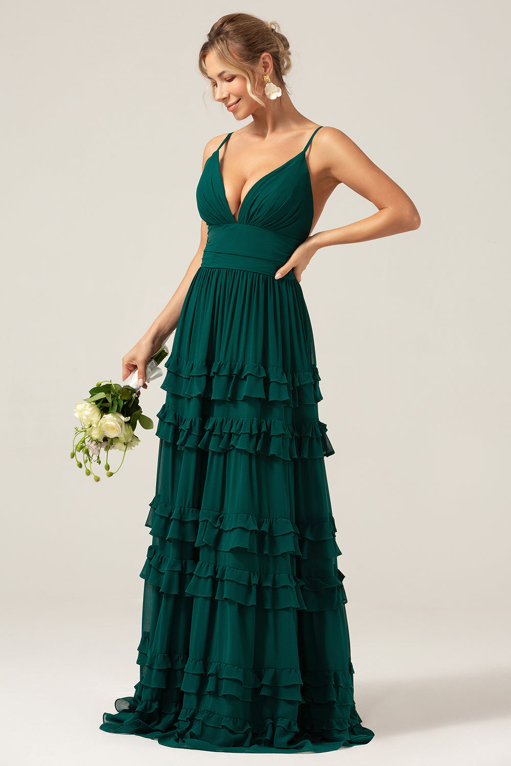 Dark Green A Line Spaghetti Straps Tiered Ball Dress with Pleats
