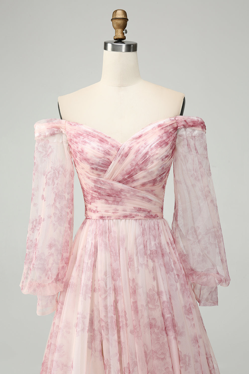 Blush Flower A-Line Off The Shoulder Print Ball Dress With Slit