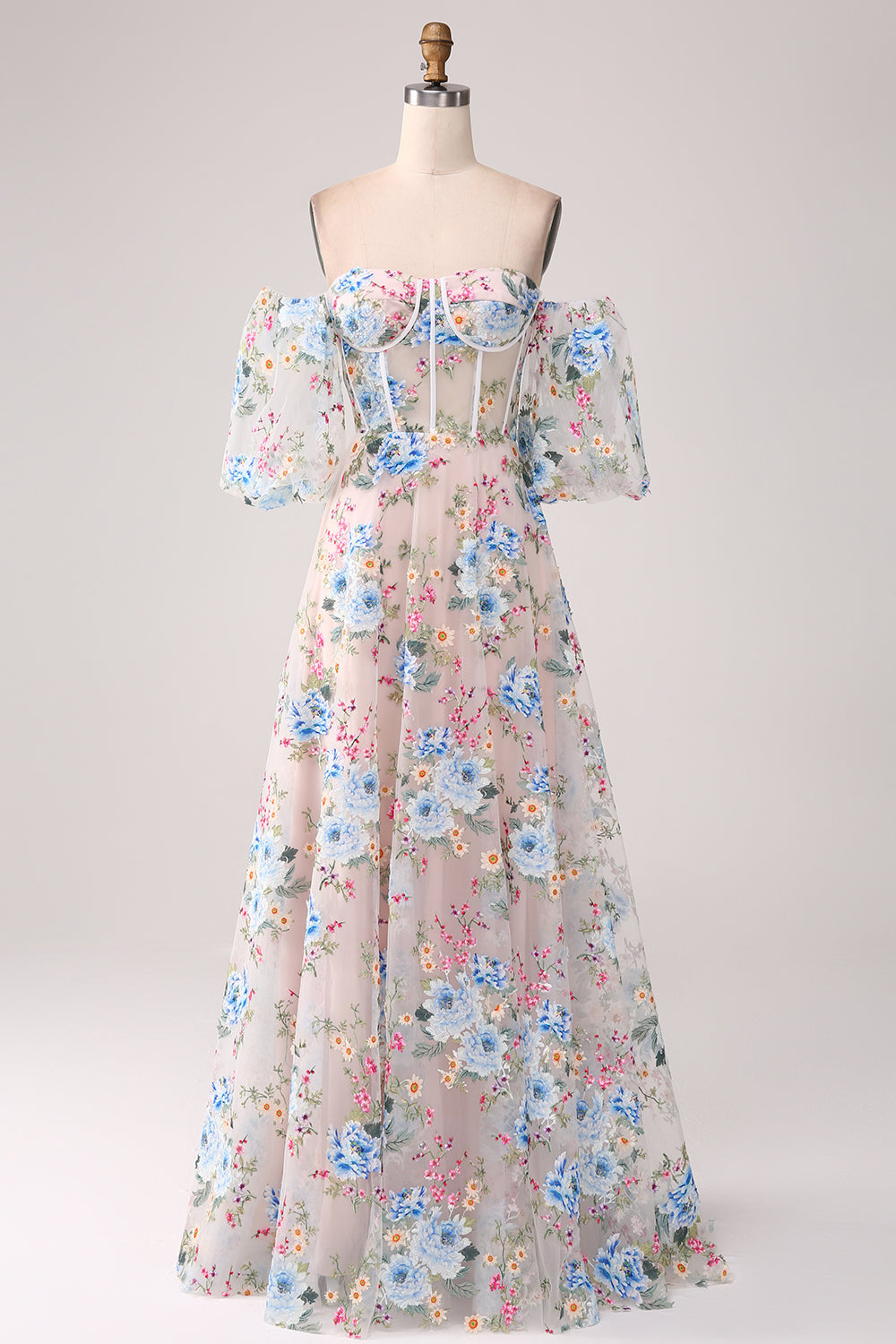 A-Line Apricot Flower Off the Shoulder Long Corset Ball Dress