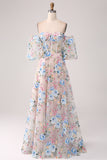 A-Line Apricot Flower Off the Shoulder Long Corset Ball Dress