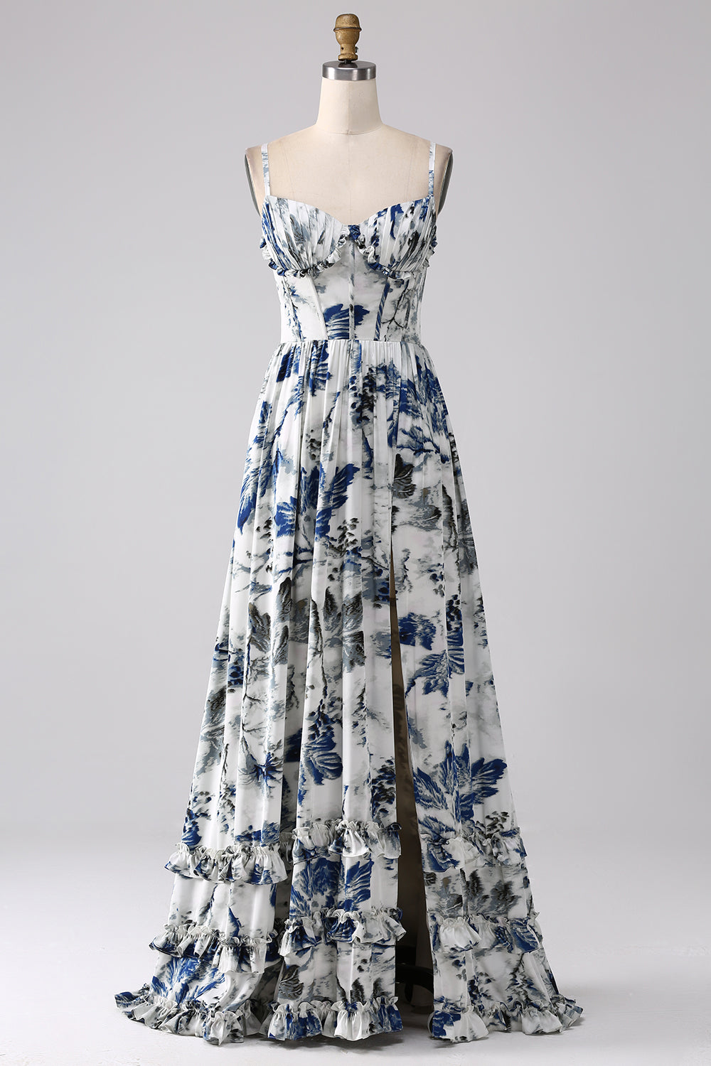 Pleated Blue Printed Corset Long Ball Dress with Slit