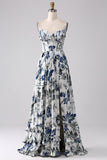 Pleated Blue Printed Corset Long Ball Dress with Slit