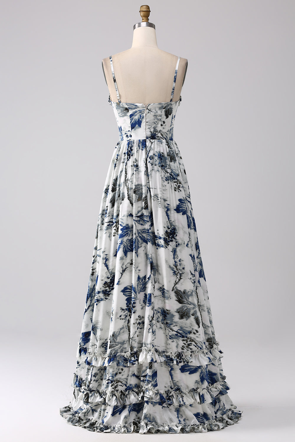 Pleated Blue Printed Corset Long Ball Dress with Slit