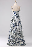 Pleated Blue Printed Corset Long Ball Dress with Slit