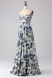 Pleated Blue Printed Corset Long Ball Dress with Slit