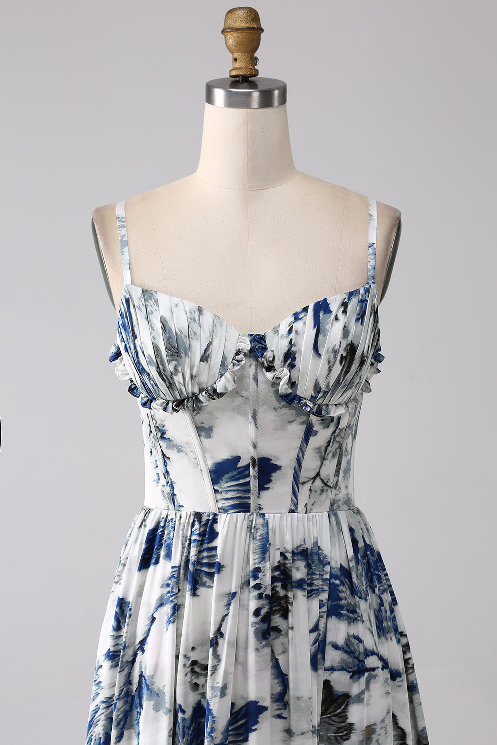 Pleated Blue Printed Corset Long Ball Dress with Slit