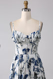 Pleated Blue Printed Corset Long Ball Dress with Slit