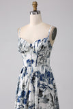 Pleated Blue Printed Corset Long Ball Dress with Slit