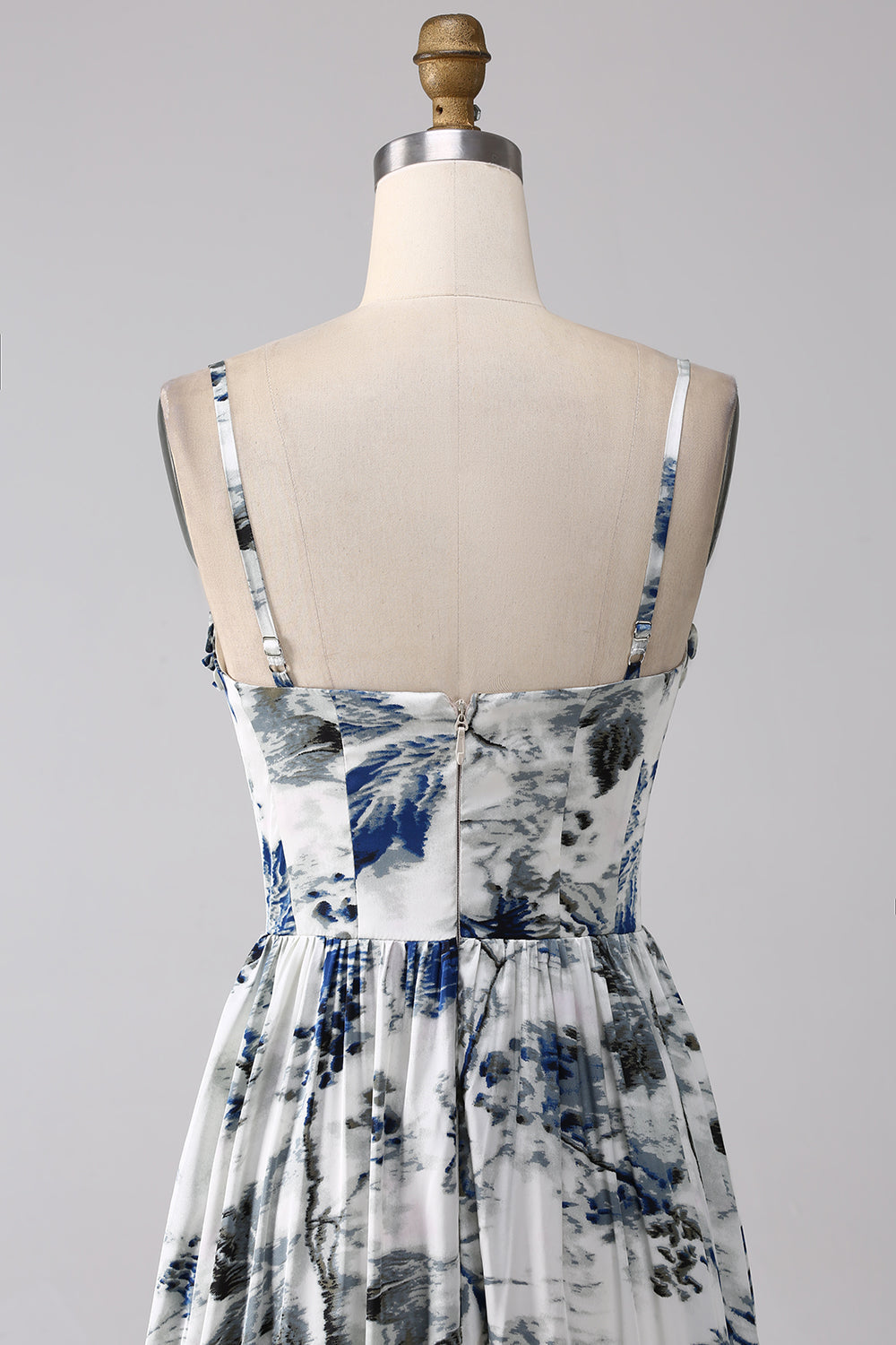 Pleated Blue Printed Corset Long Ball Dress with Slit