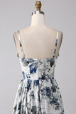 Pleated Blue Printed Corset Long Ball Dress with Slit
