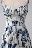 Pleated Blue Printed Corset Long Ball Dress with Slit