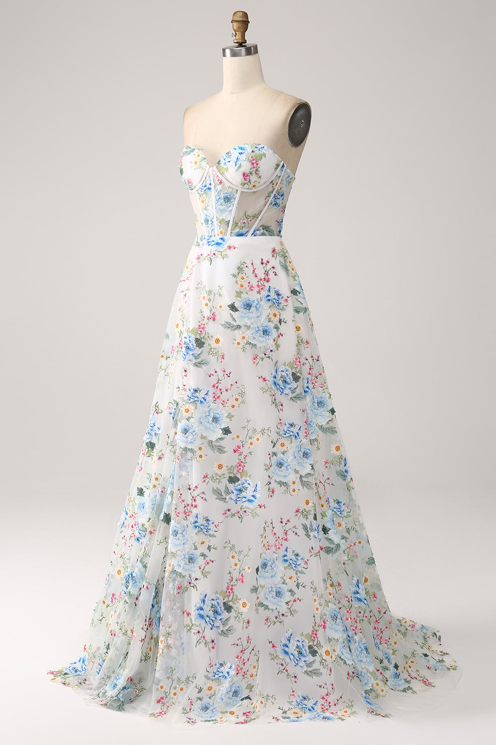 Ivory Flower A-Line Strapless Long Corset Ball Dress