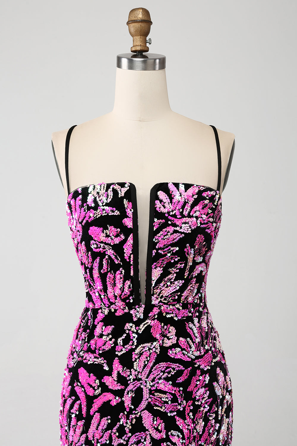 Sparkly Mermaid Fuchsia Black Sequin Ball Dress With Side Slit
