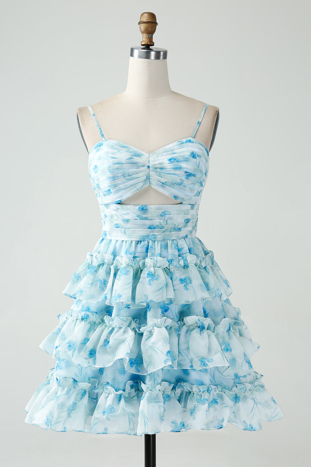 A-Line Tiered Blue Floral Cut Out Short Ball Dress