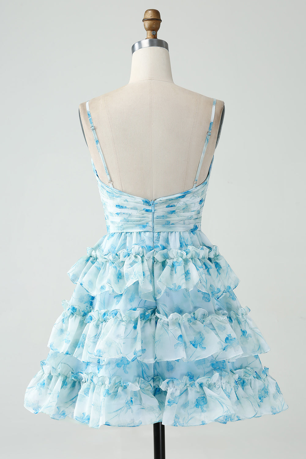 A-Line Tiered Blue Floral Cut Out Short Ball Dress
