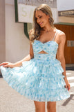 A-Line Tiered Blue Floral Cut Out Short Ball Dress