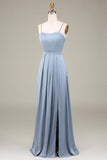 Dusty Blue A-Line Spaghetti Straps Satin Long Bridesmaid Dress