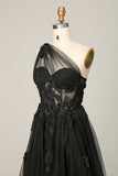 A Line One Shoulder Sky Blue Long Ball Dress with Appliques