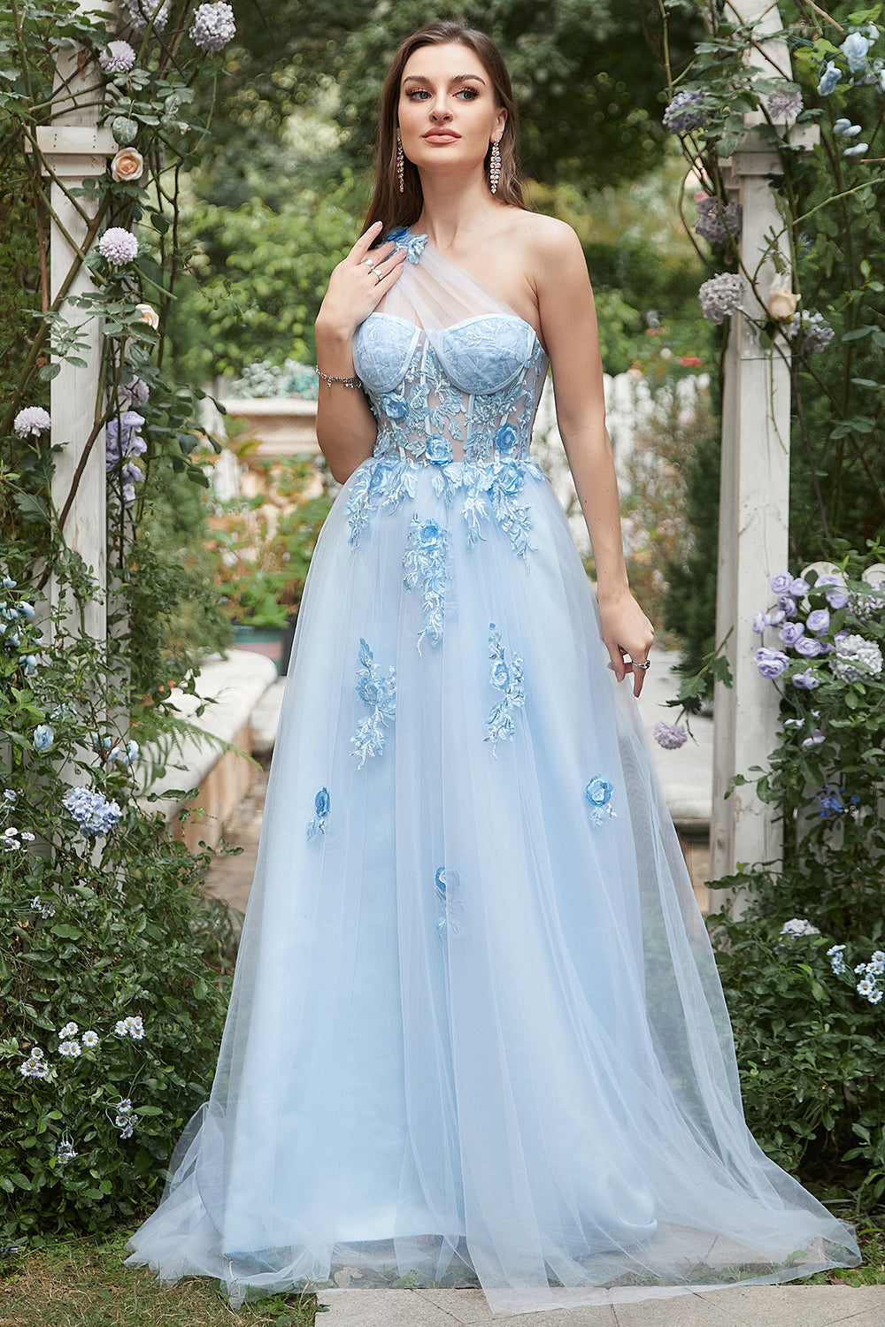 A Line One Shoulder Sky Blue Long Ball Dress with Appliques