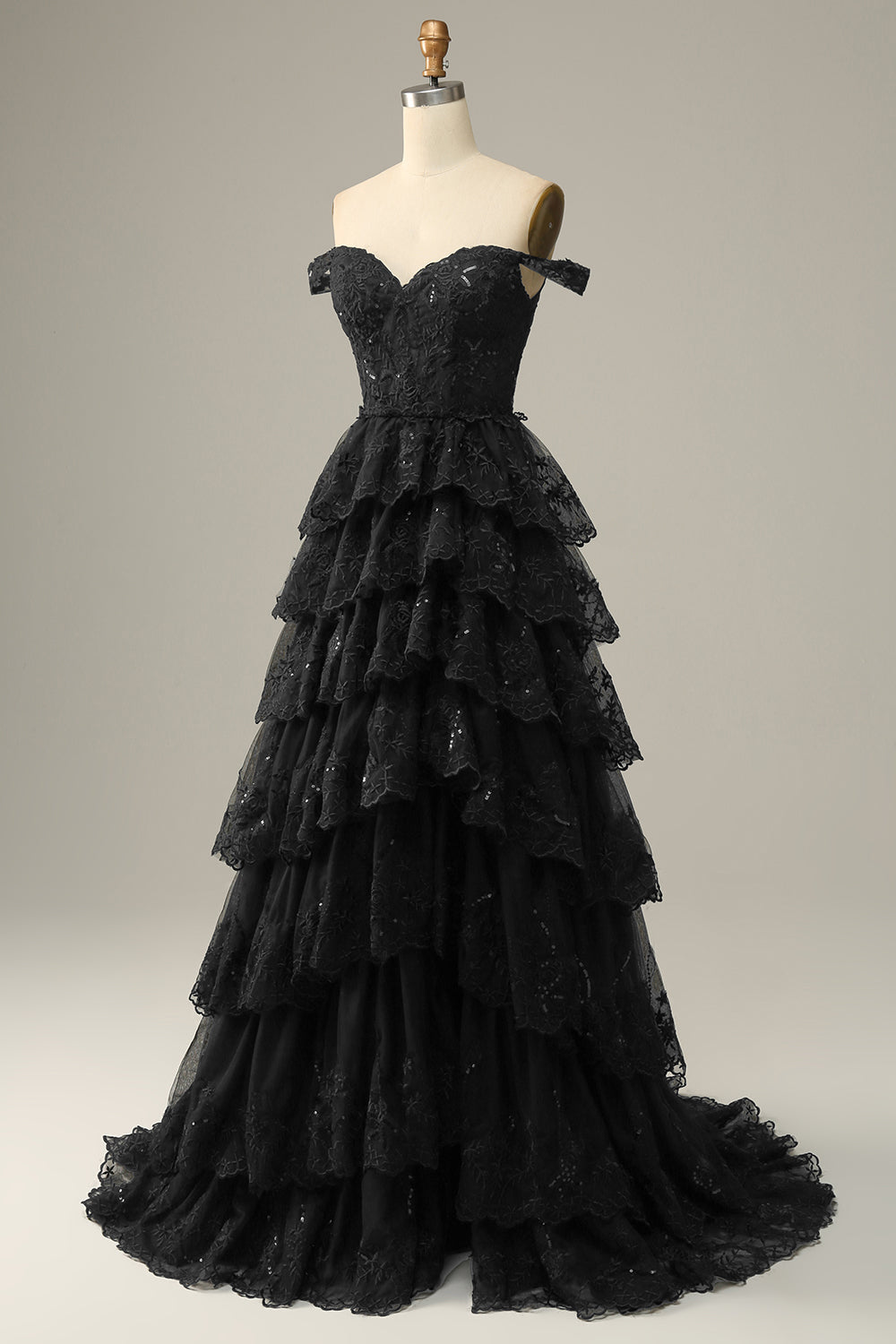 Princess A Line Dark Blue Off The Shoulder Long Tiered Ball Dress