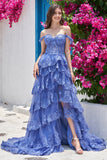 Princess A Line Dark Blue Off The Shoulder Long Tiered Ball Dress