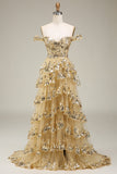 Princess A Line Off the Shoulder Golden Long Ball Dress with Appliques