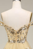 Princess A Line Off the Shoulder Golden Long Ball Dress with Appliques