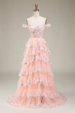 Princess A Line Off the Shoulder Blush Long Ball Dress with Appliques