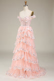 Princess A Line Off the Shoulder Blush Long Ball Dress with Appliques