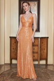 Orange Sequined Backless Mermaid Ball Dress