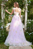 Lavender A Line Corset Long Ball Dress with Embroidered Floral