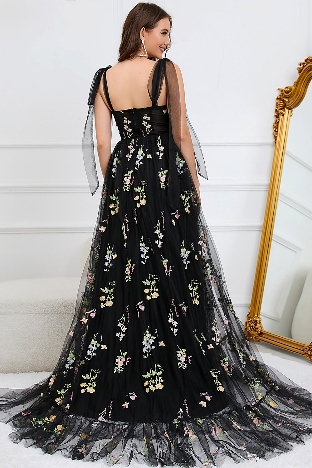 Black A Line Spaghetti Straps Corset Long Ball Dress with Embroidered Floral