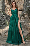 Dark Green A Line Floor Length Tulle Ball Dress with Slit