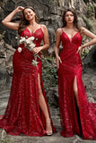 Dark Red Spaghetti Straps Mermaid Ball Dress with Slit