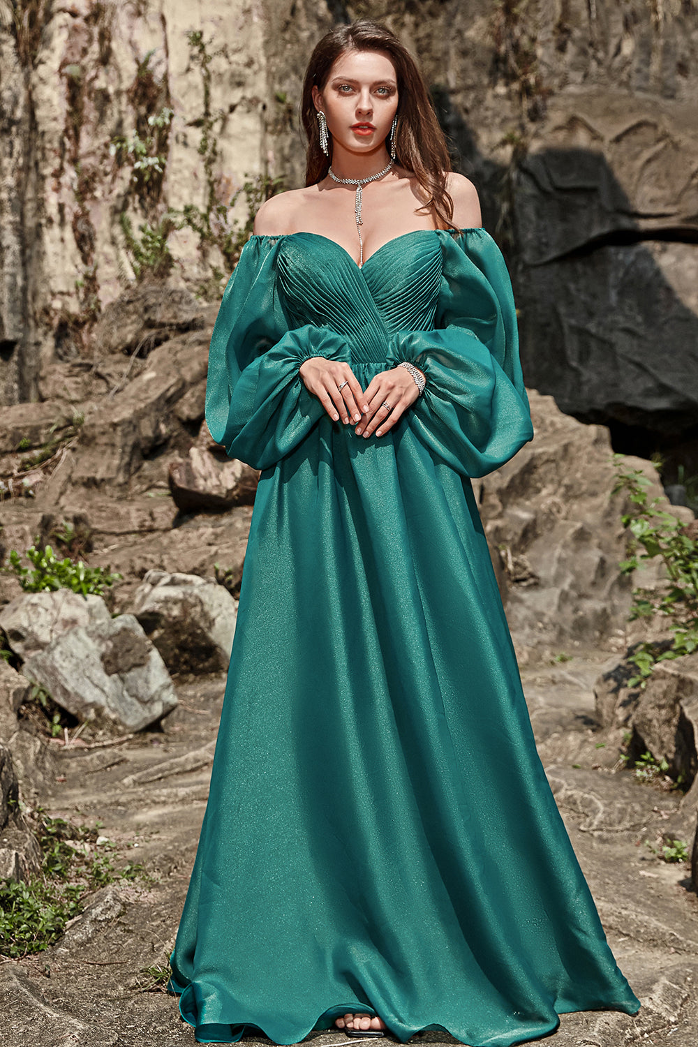 Off Shoulder Long Sleeves Ball Dress with Ruffles