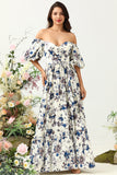 White Blue Flower A Line Floor Length Boho Bridesmaid Dress