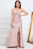 Mermaid Spaghetti Straps Blush Long Ball Dress with Split Front
