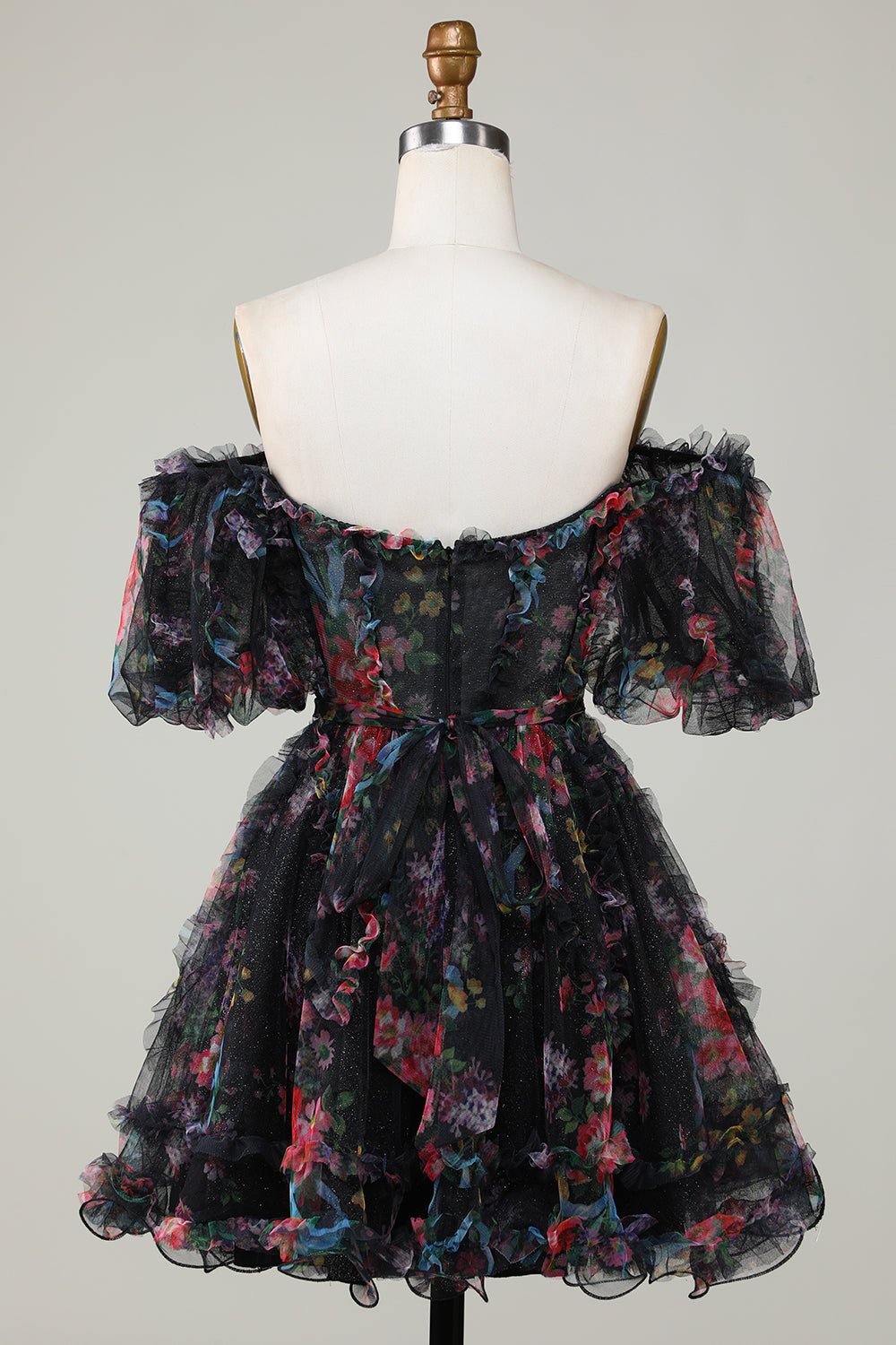 A Line Off the Shoulder Ivory Red Flower Printed Cute Cocktail Dress