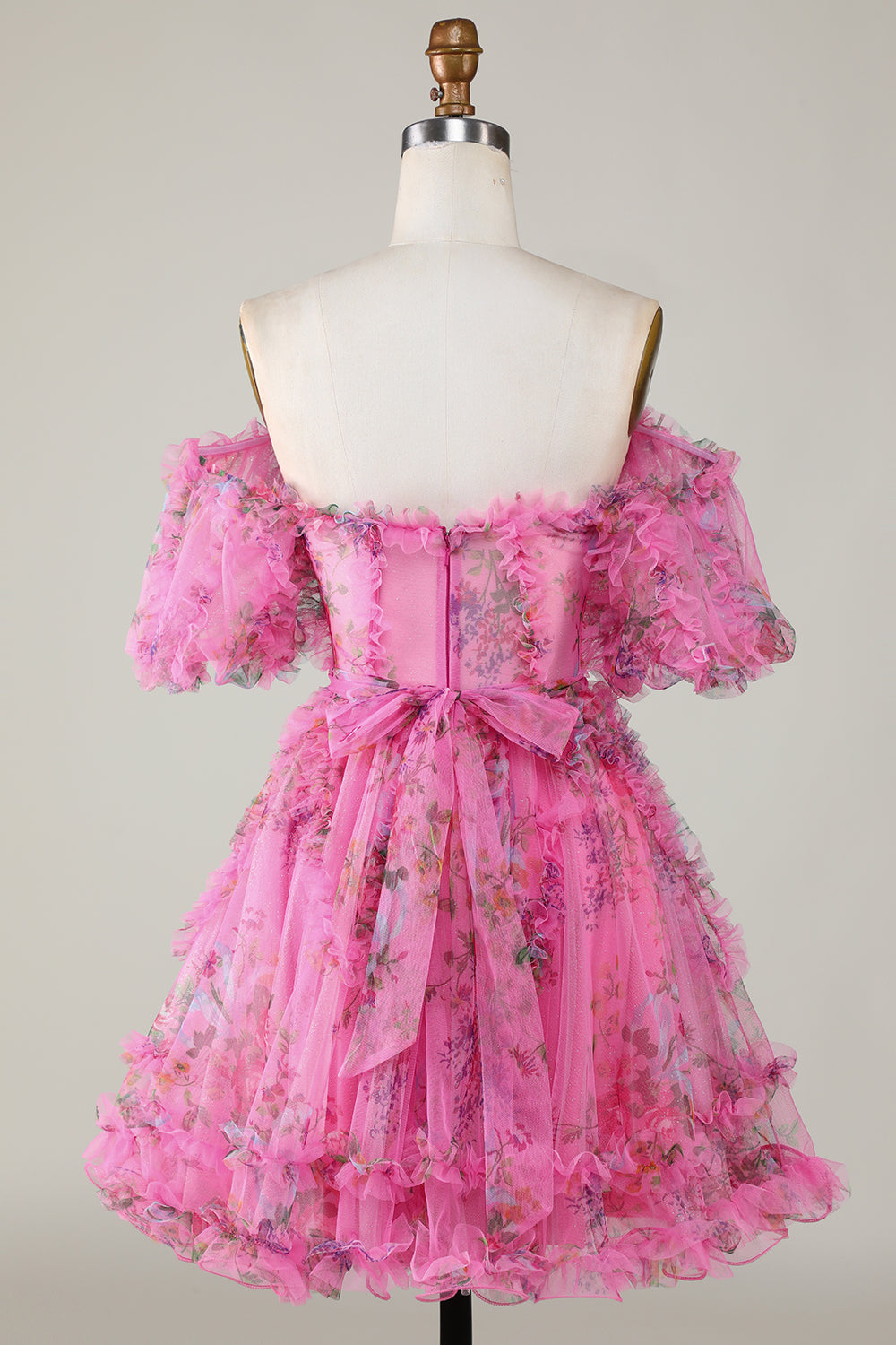 A Line Off the Shoulder Ivory Red Flower Printed Cute Cocktail Dress