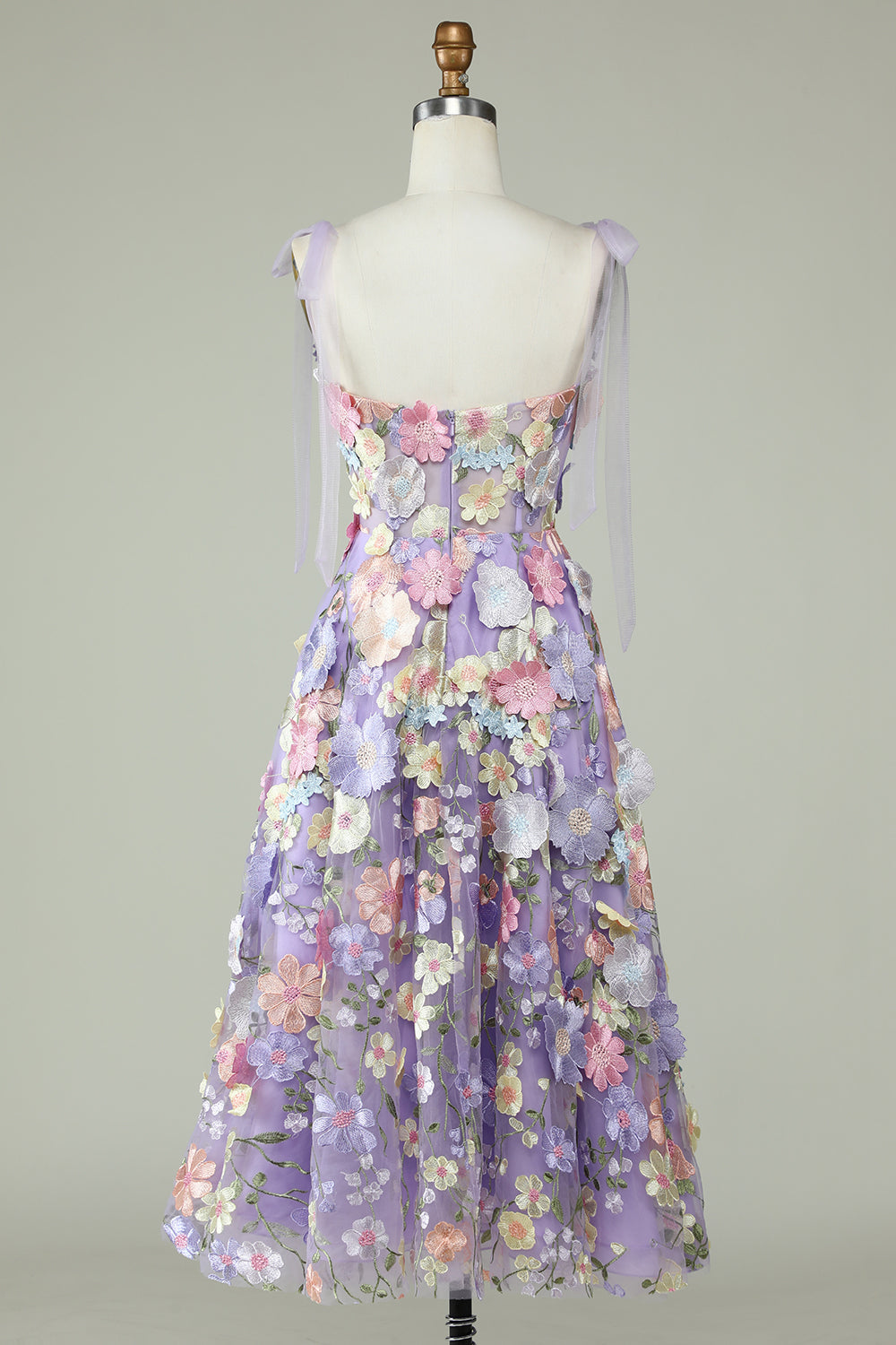 A Line Spaghetti Straps Blue Tea Length Ball Dress with 3D Flowers