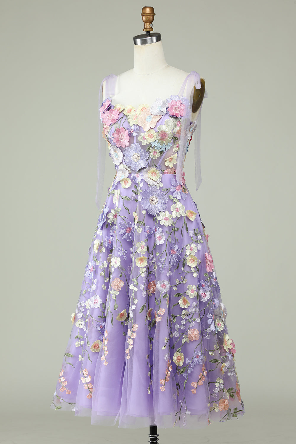 A Line Spaghetti Straps Blue Tea Length Ball Dress with 3D Flowers