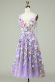 A Line Spaghetti Straps Blue Tea Length Ball Dress with 3D Flowers
