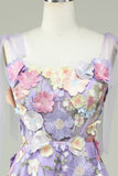 A Line Spaghetti Straps Blue Tea Length Ball Dress with 3D Flowers