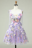 Blue Corset A-Line Short Cocktail Dress with 3D Flowers